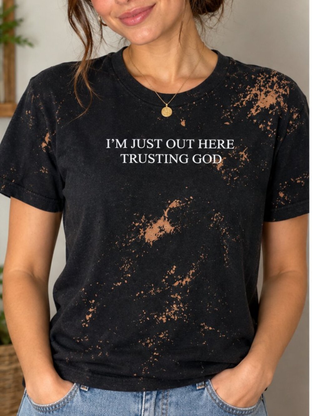 Distressed Bleach‑Style Graphic Tee – Black- Med
